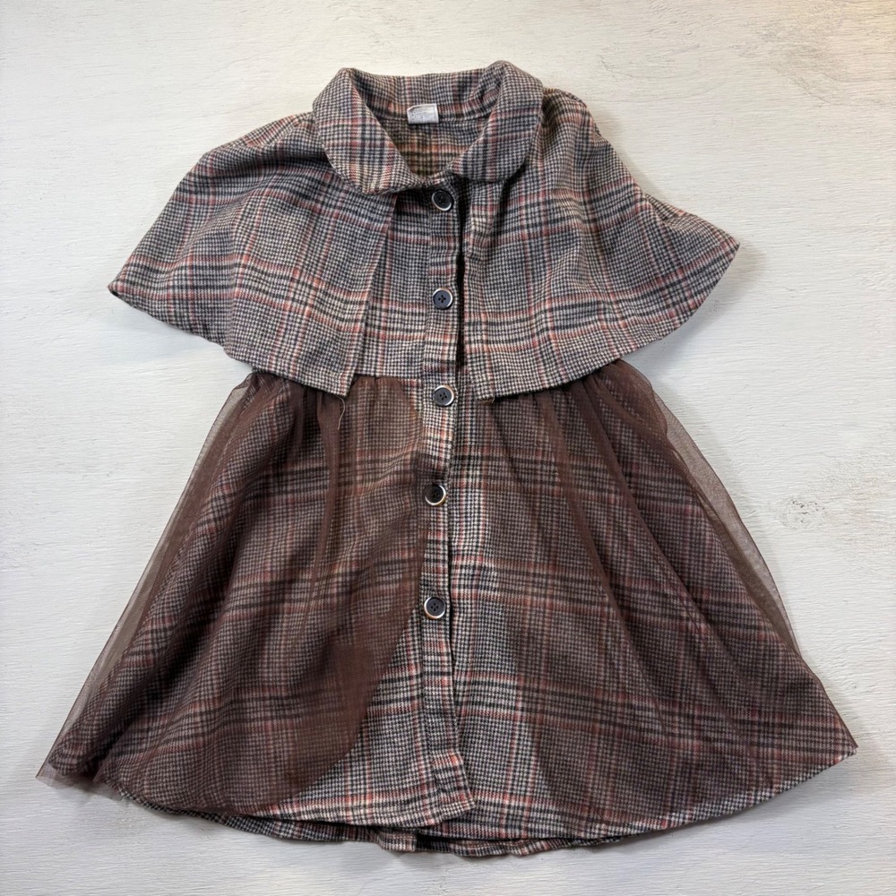 Vintage Girls 5/6 Plaid Capelet Dress Tulle Skirt Brown Orange Houndstooth Wool